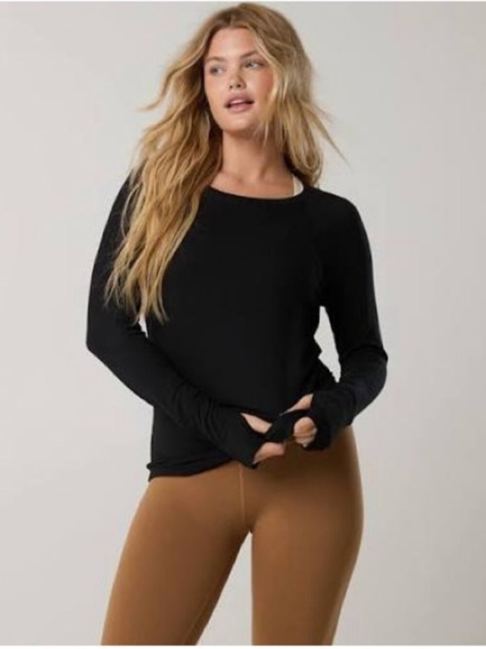 Aerie Offline Ribbed Black Thumbs Up Long Sleeve Shirt Top Size XL Soft gym yoga